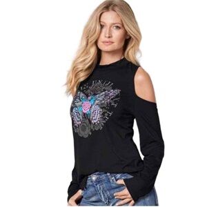 NWOT Venus Black Butterfly Cold Shoulder Whimsy Goth Punk LS Top Shirt Sz Small